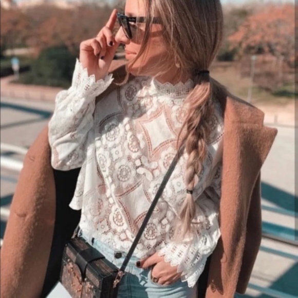 White lace scalloped high neck long sleeve Top Boho - Picture 4 of 14